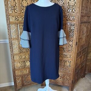 Chicos Dress Womens 1 8 Navy Blue Bell Sleeve Gingham Ruffle Lined Pom Pom Trim